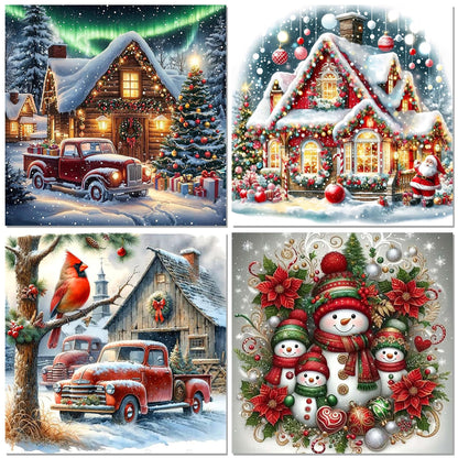croshom Christmas Diamond Art Kits for Adults - 4 Pack Diamond Painting Kits for Adults, 5D Full Round Drill Art Paint by Diamonds DIY Crafts Kits 14x14in (Snowman Truck Christmas House Cardinal)