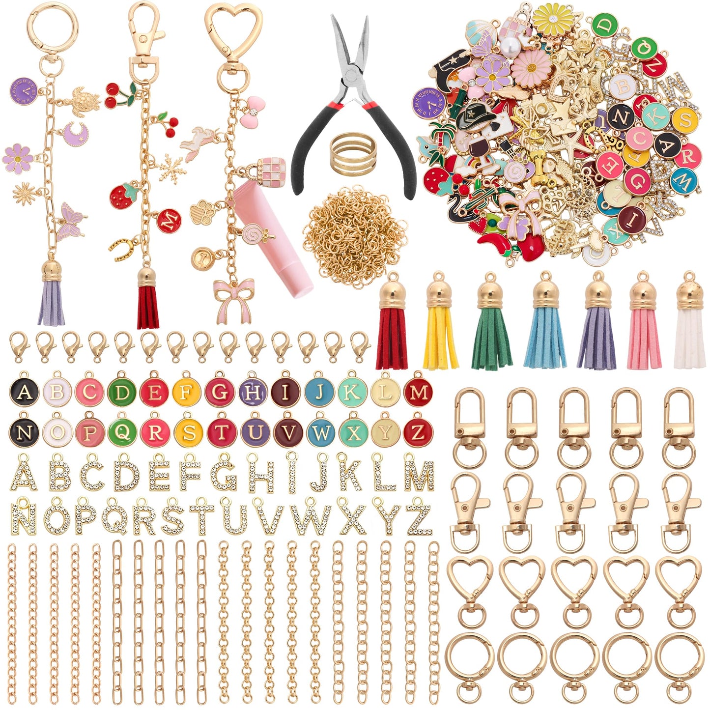 Koruhi 418pcs Charms Lip Gloss Keychain Making Kit,Cute Gold DIY Keychain Supplies Including Organizer Box,Pliers, Tassels, Enamel Letter Charms,Complete Key Chain Kits for DIY Craft Gifts(418, Gold)