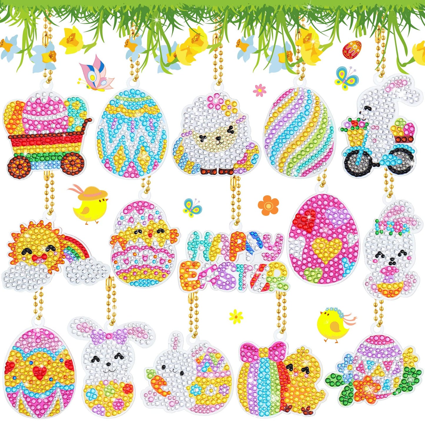 Inbagi 15 Pcs Easter Diamond Painting Keychains 5D Easter Egg Full Drill Making Key Chains Key Ring Diamond Art Keychains Pendant DIY Diamond Decorative Accessories for Easter Holiday(Cute Style)
