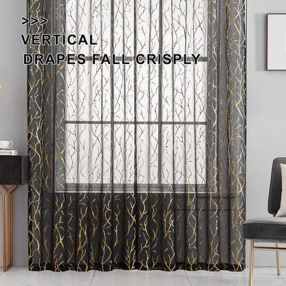 FINECITY Black Gold Sheer Curtains, Metallic Gold Foil Tree Branch, 63 Inch Length, Set of 2