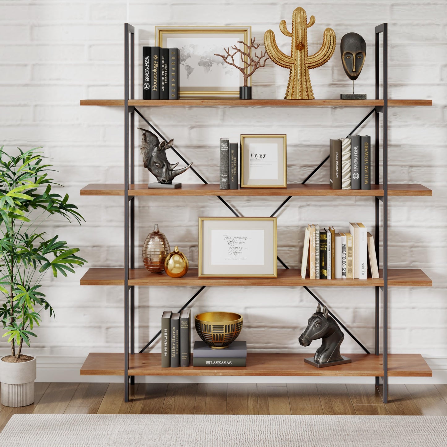 Christopher Knight Home Ebany 4 Tier Bookshelf, Industrial Large Bookcase, Open Display Shelf, Corner Shelf, Metal Frame Book Organizer, Wide Rectangular Storage for Home Living Room, Antique Black