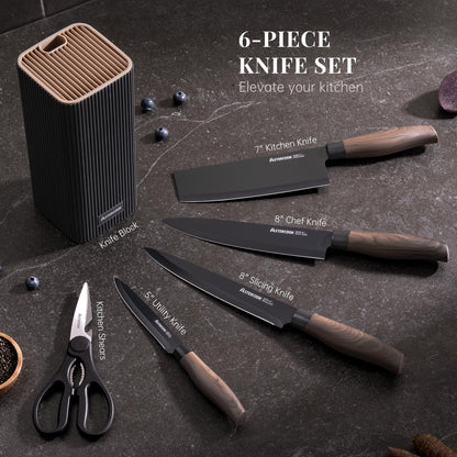 Astercook Knife Set, 6-Piece Kitchen Knife Set with Block, High Carbon Stainless Steel Ultra Sharp Kitchen Knives, Wood Grain Handle, Dishwasher Safe Knife Block Set, Black, Mothers Day Gifts