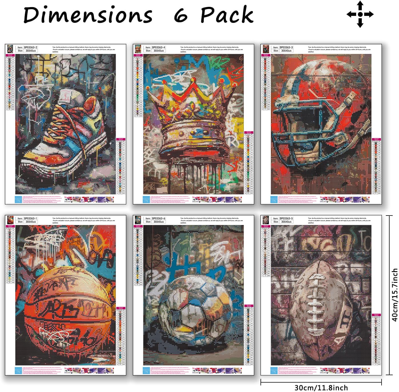 6 Pack ball games Diamond Art Kits for Adults, 5D DIY graffiti style Diamond Painting Kits for Beginner, Diamond Dots Full Drill Crafts for Gem Art for Adults Home Wall Decor for Boys Girls 12x16 inch