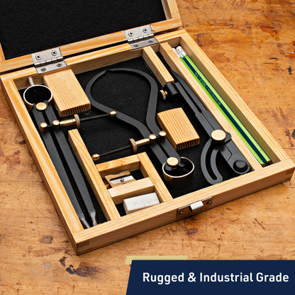 Kings County Tools 7-Piece Caliper and Compass Set | Industrial Workshop Grade Instrument | Solid Steel with Brass Fittings | Knurled Locking Nuts