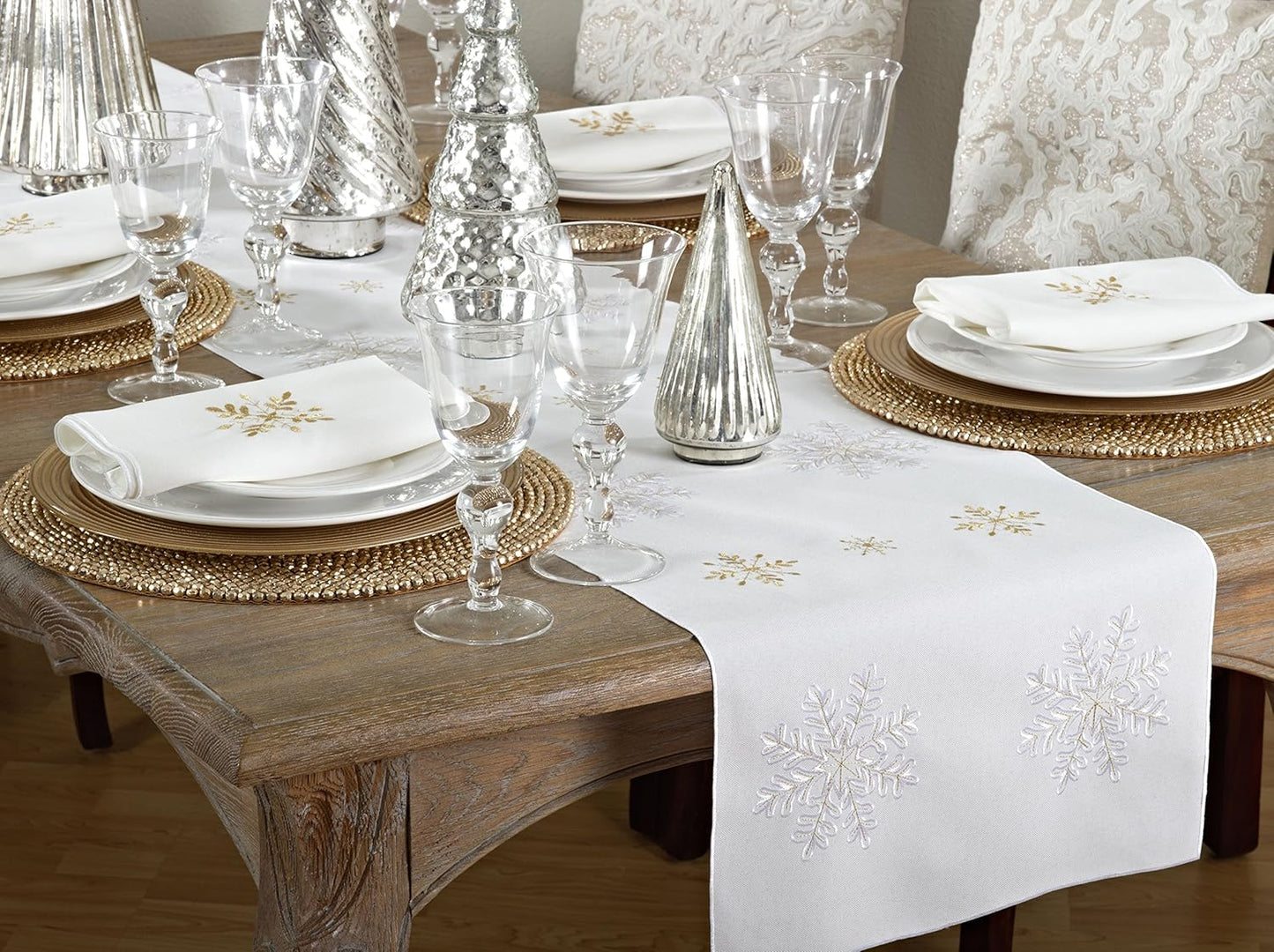 Saro Lifestyle Table Runner, Embroidered Snowflake Design, Ivory, 16"x72"