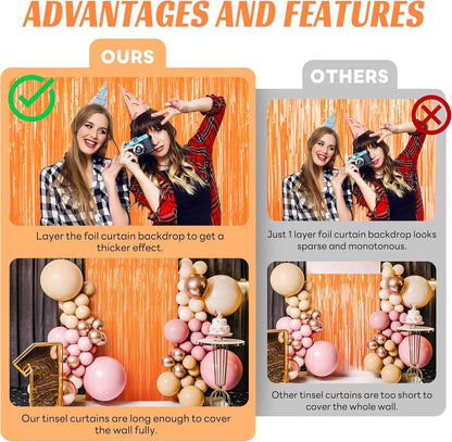 BTSD-home Orange Foil Fringe Curtain - Metallic Photo Booth Backdrop Tinsel Door Curtains for Wedding, Birthday, Party