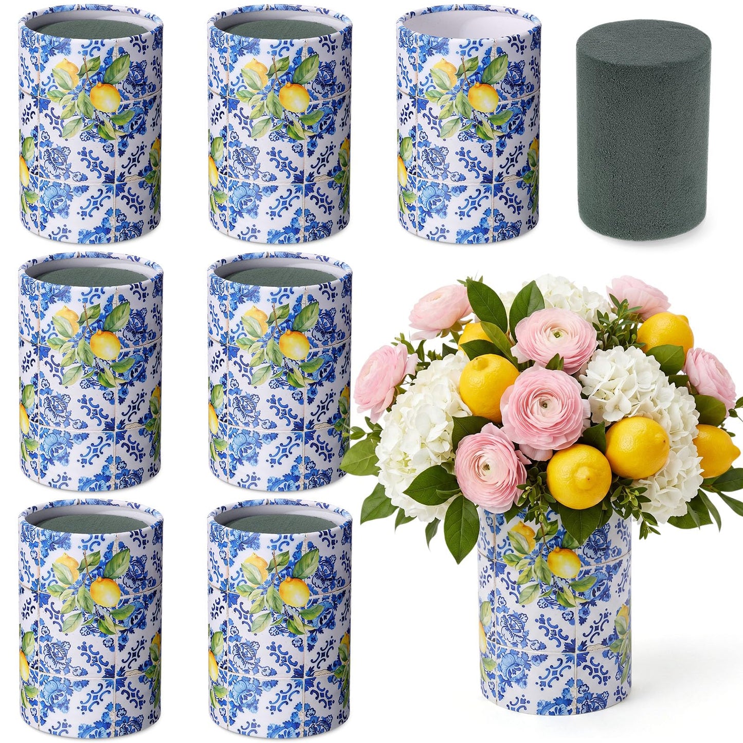 LemonRoad 6 Sets Blue Tiles Lemon Table Centerpiece for Wedding Amalfi Coast Cylinder Flower Boxes with Floral Foam Blocks Capri Mediterranean Positano Decorations Birthday Party Home Decor