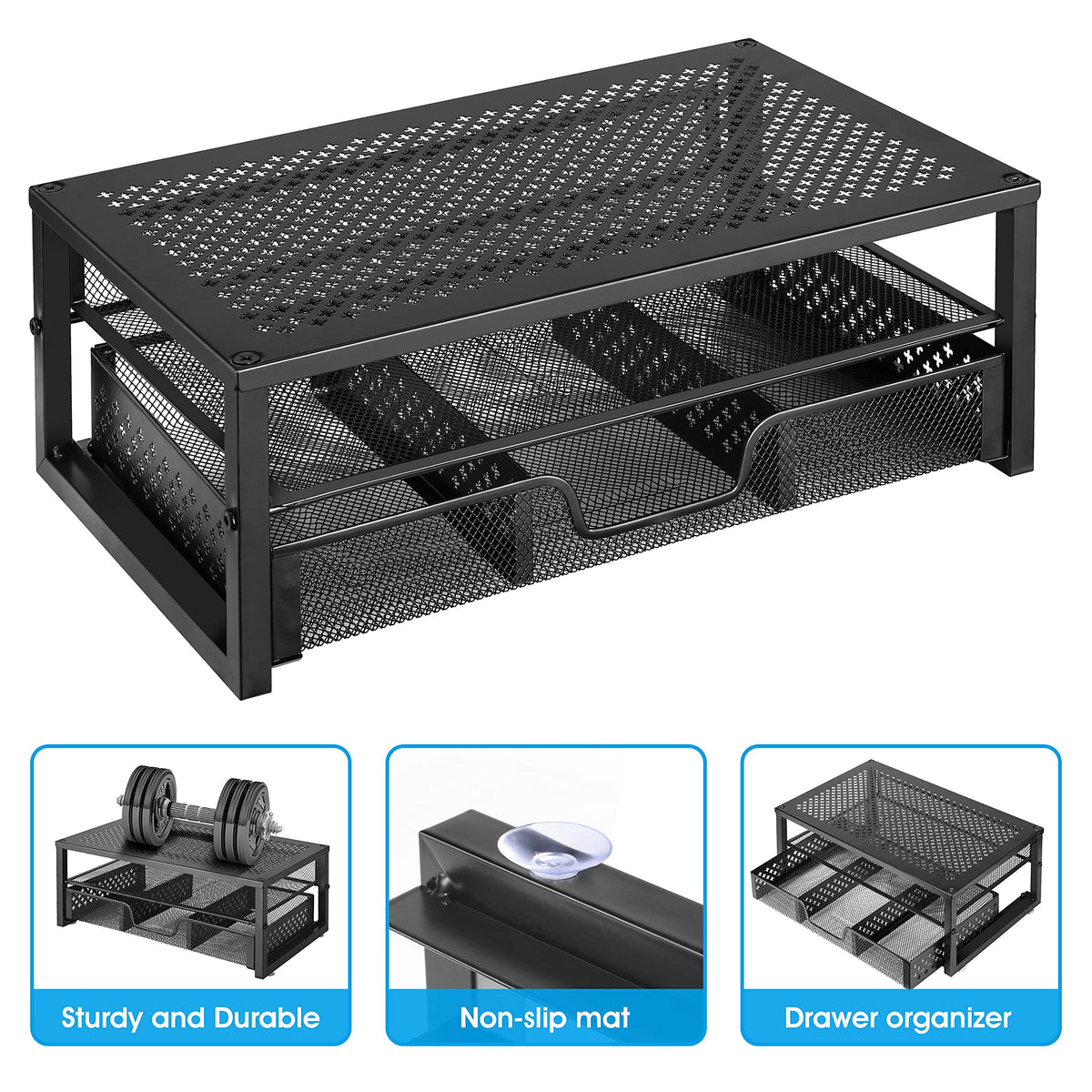 Simple Trending Metal Monitor Stand Riser and Computer Desk Organizer with Drawer for Laptop, Computer, iMac, Black