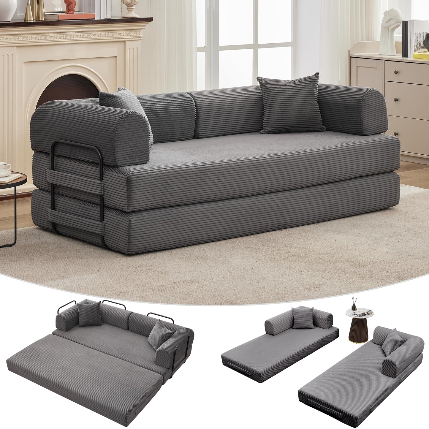 IDEALHOUSE 4 in 1 Convertible Sleeper Sofa Bed Couch, 79 Inch Boneless Corduroy Floor Couch with Pillows, No Assembly, Modern Deep Seat Sofa Futon Mattress for Living Room,Apartment,Gray