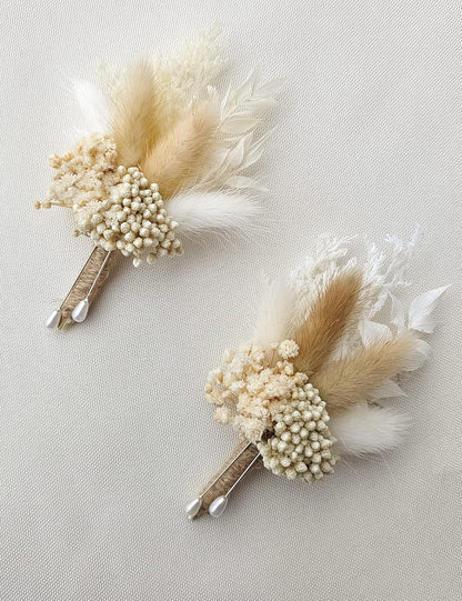 Dried Flowers Boutonnieres Set of 2 for Men, Rustic Boho Fall Wedding Grooms Buttonhole with Pampas Grass Decoration