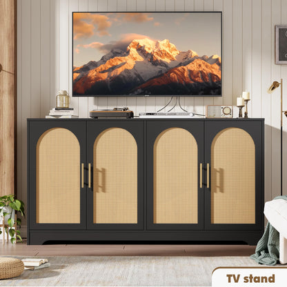 IDEALHOUSE 59" W Sideboard Buffet Cabinet- with 4 Rattan Doors, Large Storage Console Table & Modern Accent Coffee Bar Cabinet for Living Room, Kitchen, Hallway, Dining Room, Entryway, Black