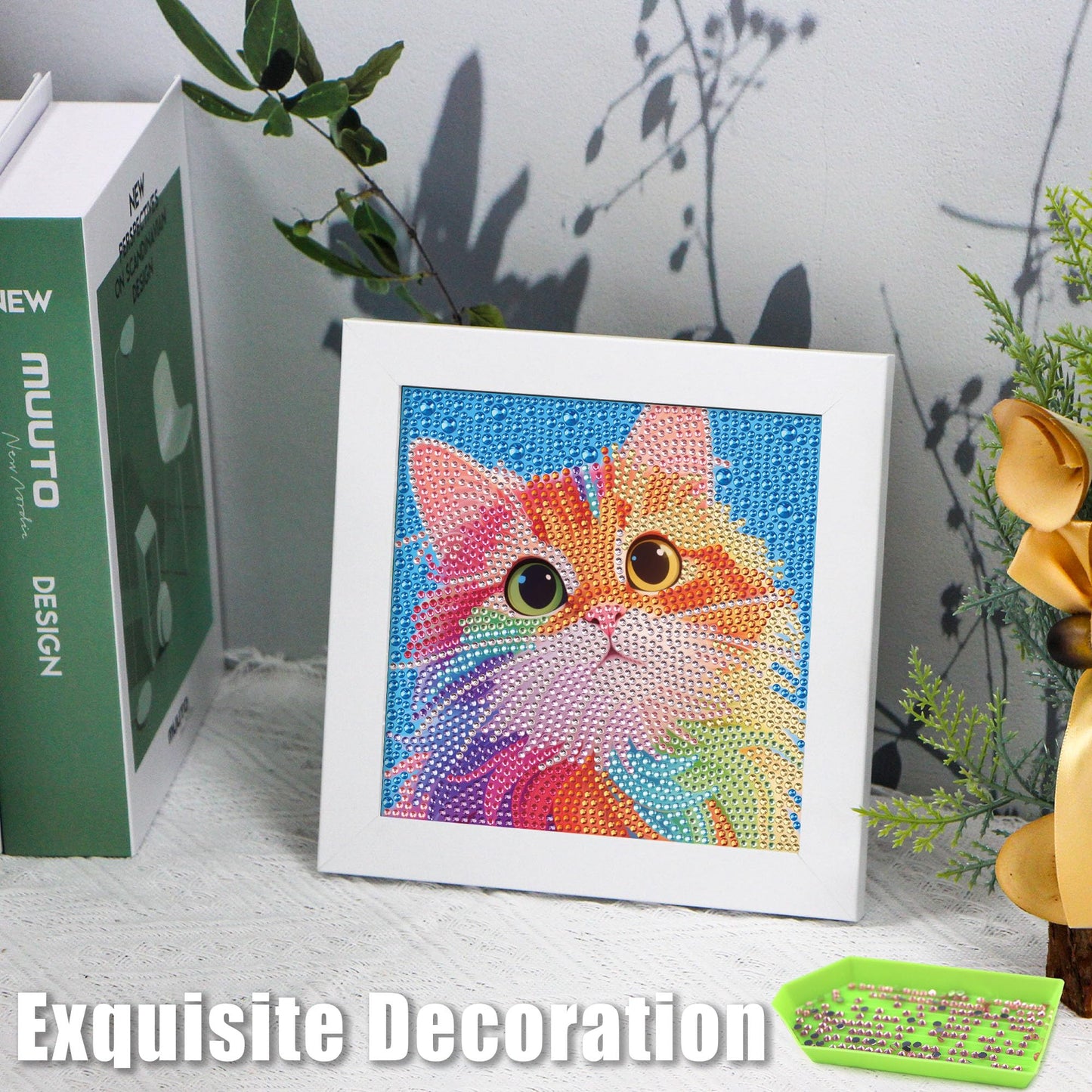 geesfayan Diamond Art Kits for Kids Ages 8-12,6 Inch DIY Gem Art Painting with 7 Inch Frame, Complete Starter Kit for Beginners, Creative Arts & Crafts Gift for Girls & Boys (Colorful Cat)