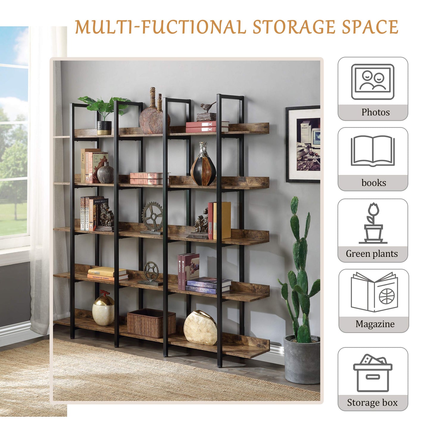 5-Tier Bookcase, Tall Industrial Bookshelf for Home Office, Storage Organizer with Metal Frame, Brown