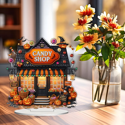 JJFox DIY 5D Tabletop Diamond Art Painting Kit， Desktop Ornament Special Shaped Rhinestone Desk Placement Ornament，Home Stand Up Gem Painting Craft Kit，Gift (Halloween Candy Shop)