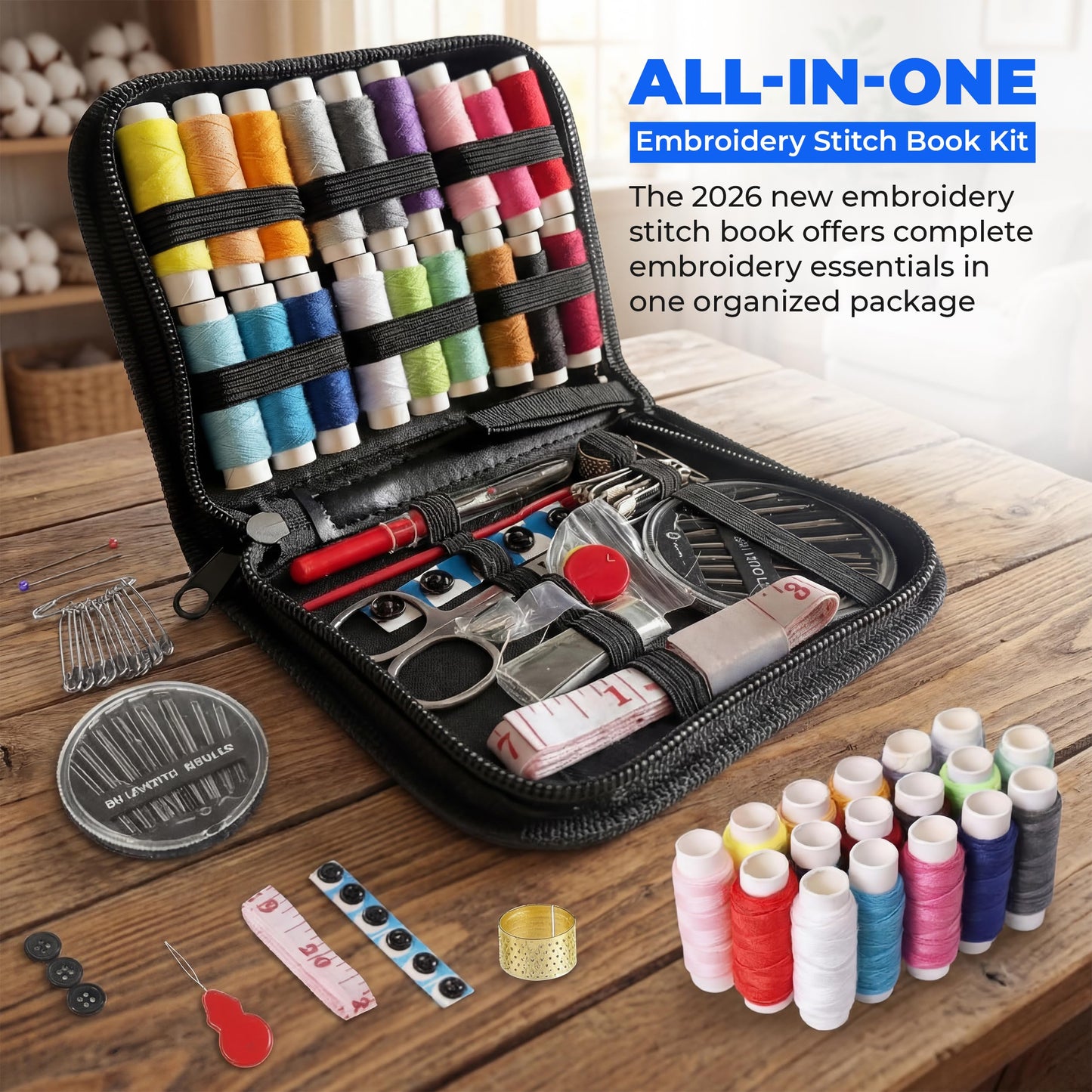 Upgraded 2026 Embroidery Stitch Book Kit for Beginners | 106 Patterns, 65 Water Soluble Designs, 86 pcs Sewing Supplies Set with Hoop | Complete Set | DIY Craft Cross Stitch Practice Book