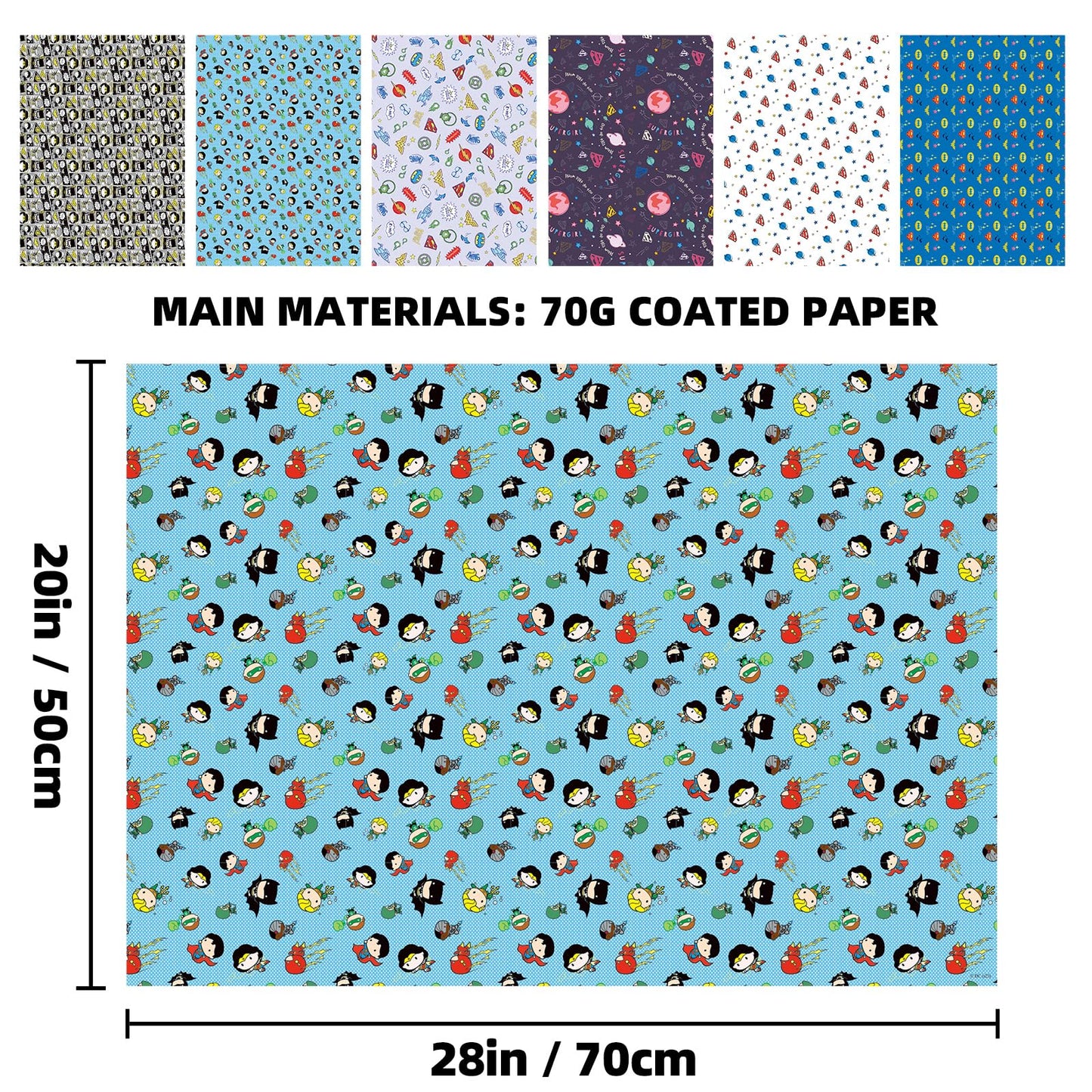 Charon 12 Sheet Cute Hero Birthday Wrapping Paper, 6 Style Mutil Color Festival Art Scrapbook Paper for Men Women Kids Birthday Wedding Baby Shower Halloween Xmas, 20 X 28 Inch (12 Sheet)