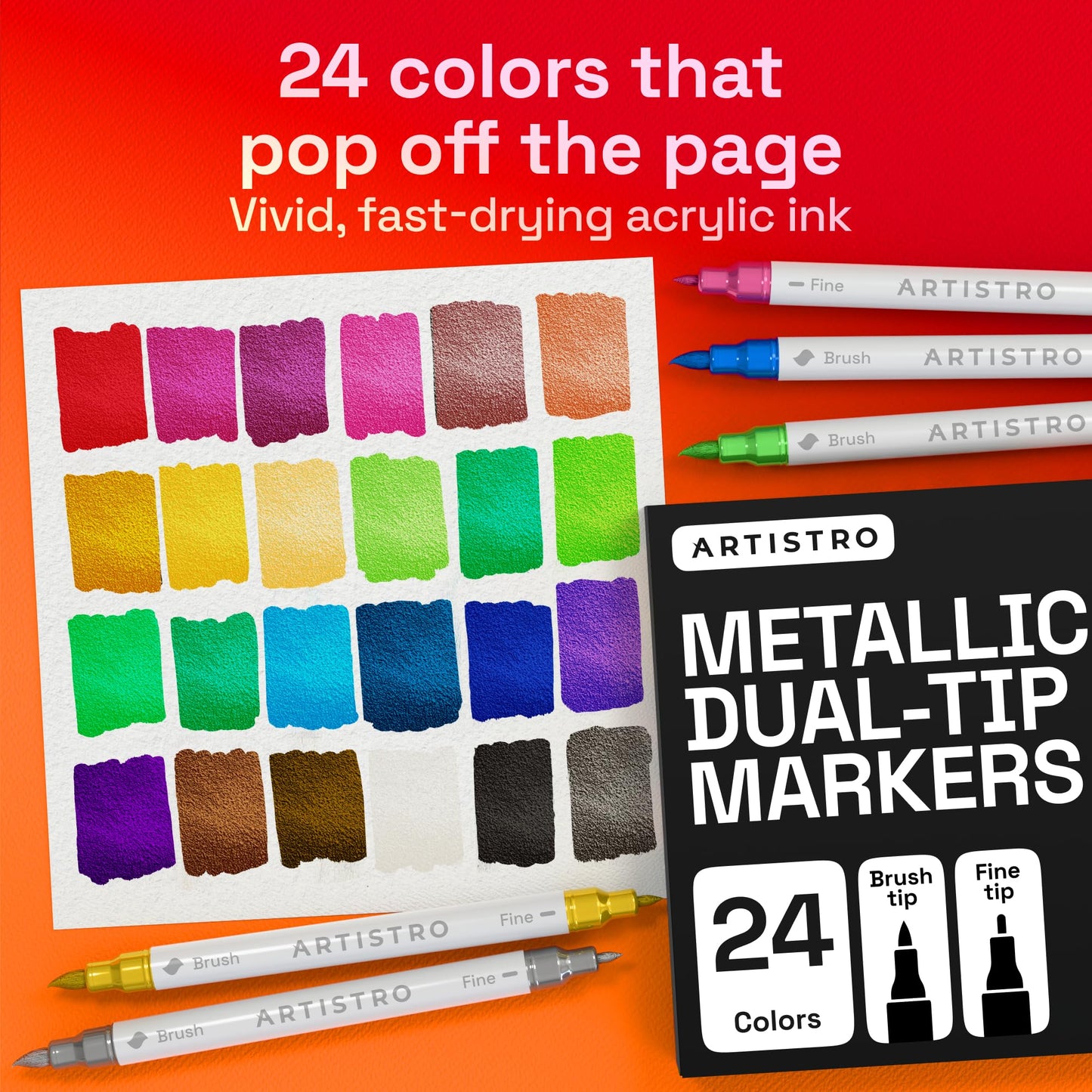 ARTISTRO 24 Metallic Acrylic Paint Markers - Paint Pens for Drawing, Brush + Fine Tips - For Fabric, Rock, Glass, Wood, DIY - Art & Craft Supplies for Adults, Teens, Kids - Teacher Appreciation Gift
