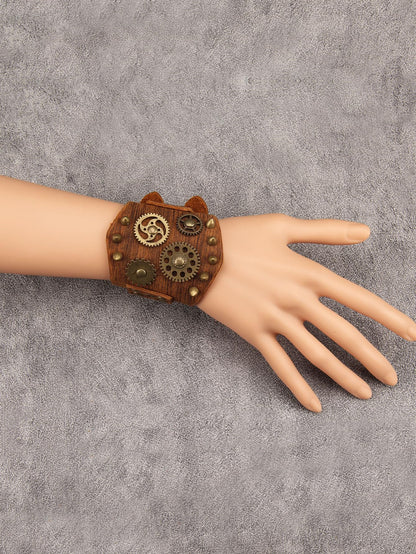 GelConnie Brown Leather Cuff Bracelet for Men Steampunk Gear Studded Wristband Punk Vintage Bracelet Adjustable Jewelry Gift