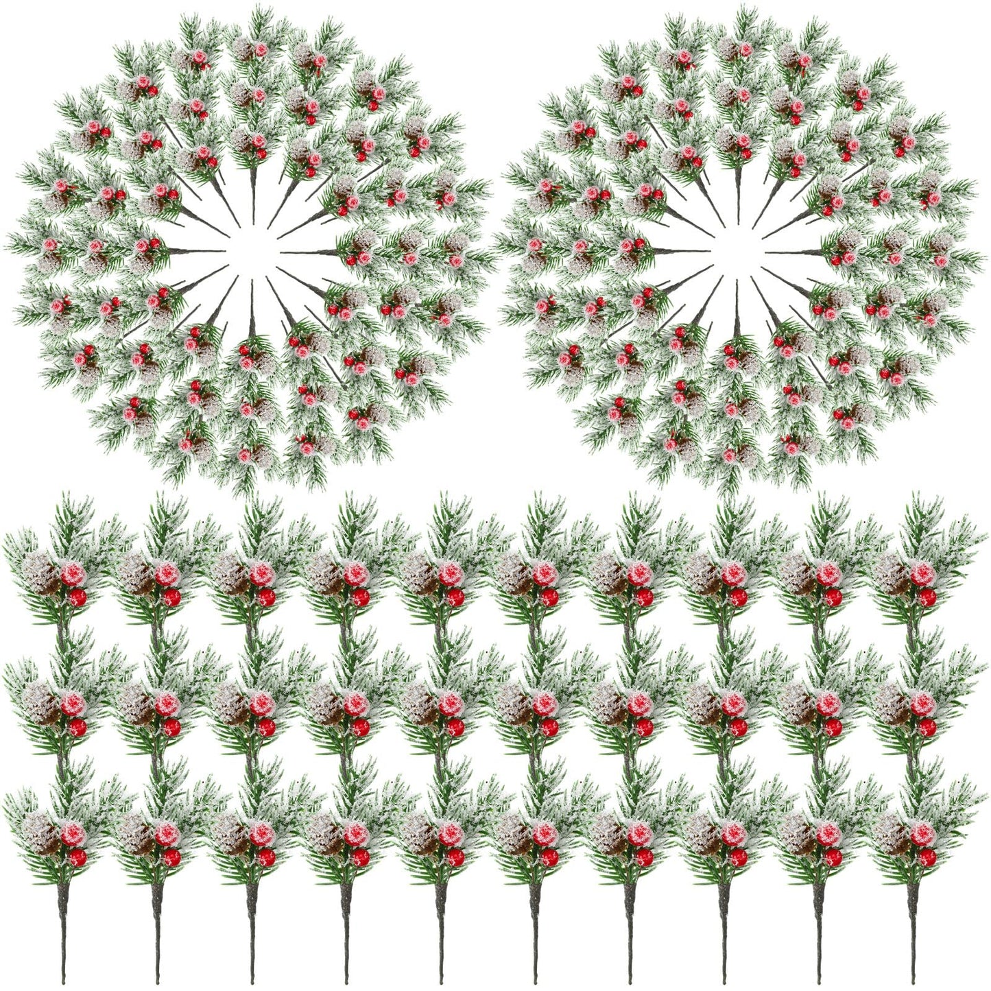 96 Pcs Christmas Picks and Sprays Christmas Tree Floral Picks Holly Red Berry Stem Spray Greenery for Craft Artificial Faux Pine Branches Cone Branches for Tree Home Decor Garland Wreath (Fresh)