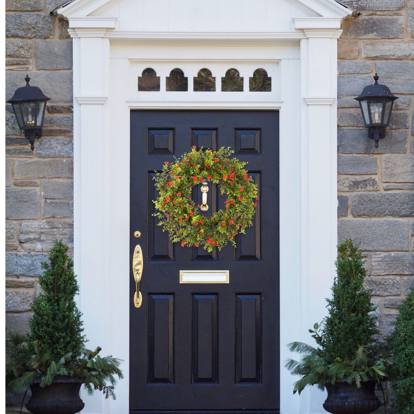 Zhemobang 20" Boxwood Wreath for Front Door – Lush Greenery Wreath with Red Flowers, Artificial Spring & Summer, Farmhouse Decor for Home, Outdoor & Indoor Use