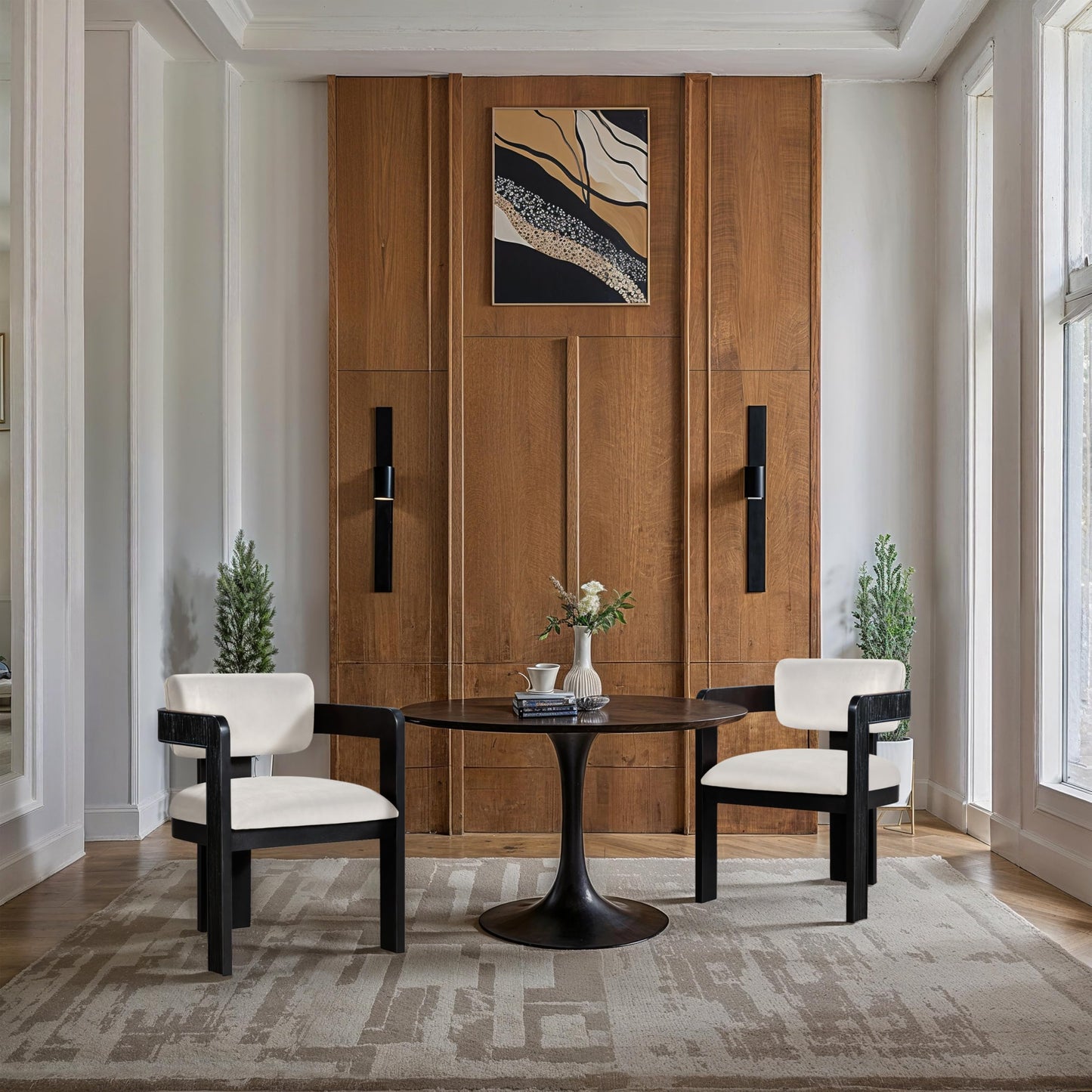 Meridian Furniture 11095Cream-C Sacha Collection Art Deco Dining Chair, Ultra Luxe Cream Velvet, 460 GSM Velvet, Solid Fluted Wood Black Finish, 22.5" W x 22" D x 31" H, Cream, Set of 2