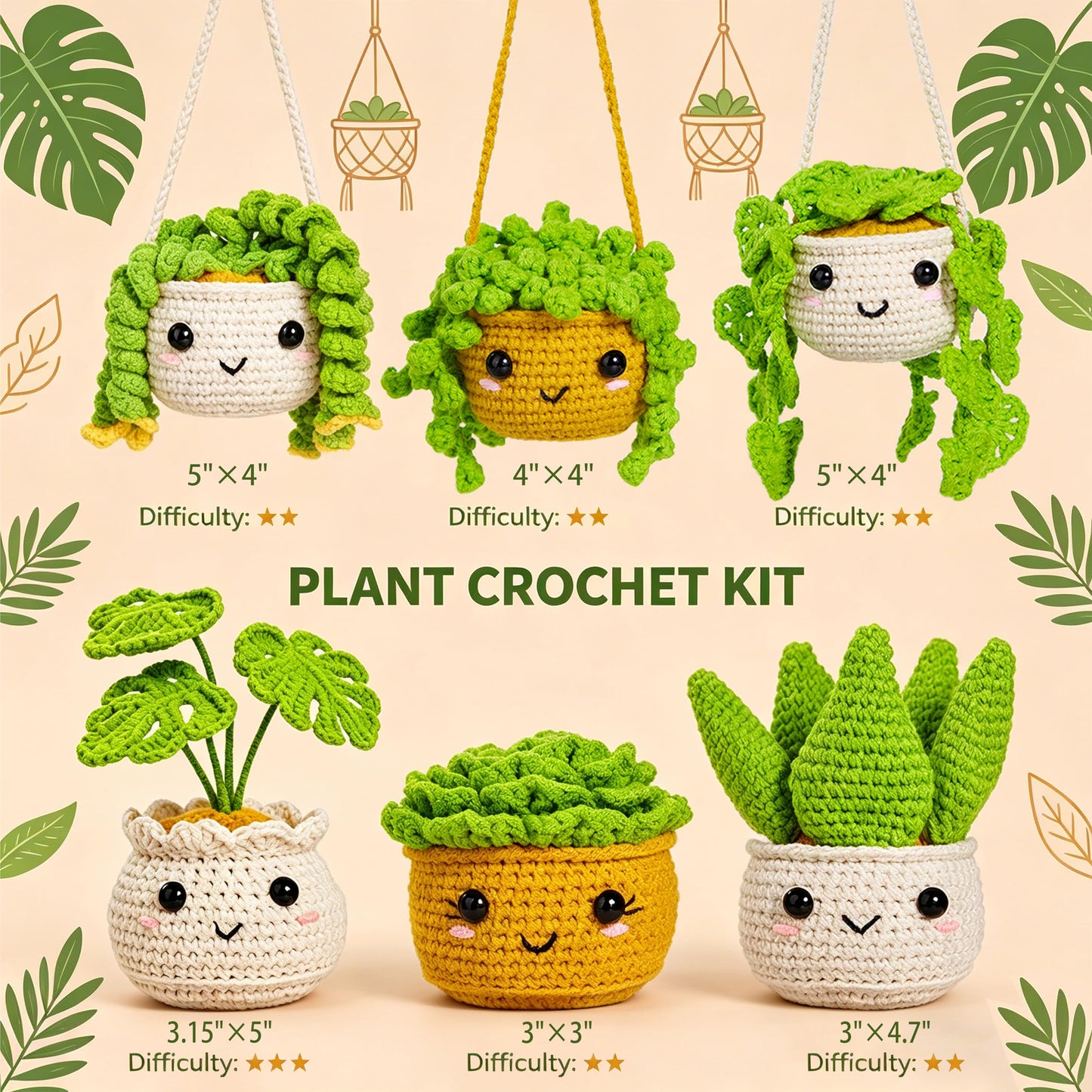 MAGIMUSE Crochet Kit for Beginners,Crochet Starter Kits with Step-by-Step Video Tutorials, DIY Craft Kits Amigurumi Knitting Supplies, Monstera Plant Family (40%+ Yarn)