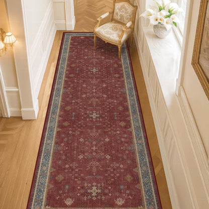 Skiennix Dark Red Hallway Runner Rug - 10ft Washable Non-Slip Indoor Mat | Soft Low Pile Boho Floral Design