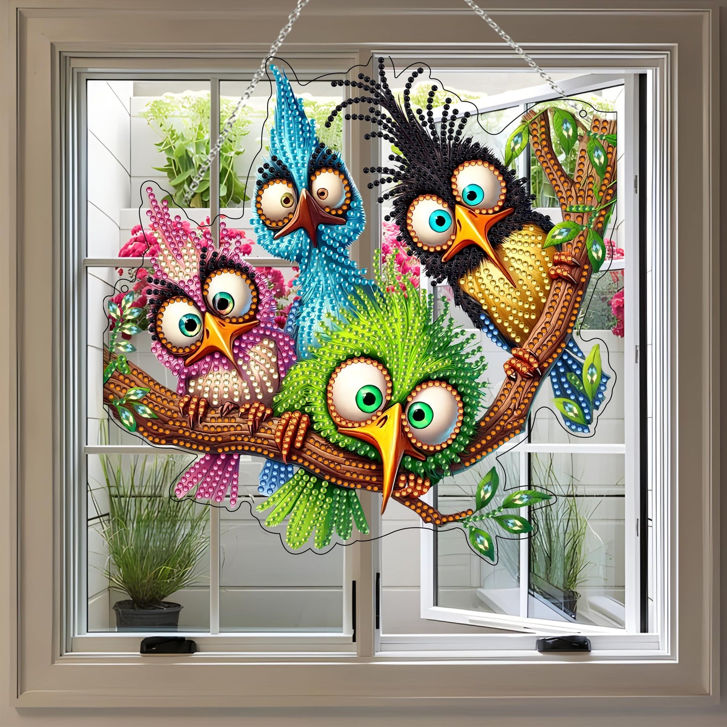 5D Diamond Art Hanging Kit for Adult,Special Shaped Rhinestone,Double Sided DIY Acrylic Diamond Art Painting Window Pendants Home Garden Wall Hanging Kits Hanging Ornament (Four Birds)