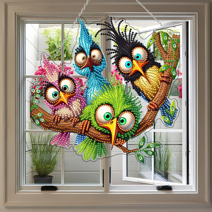 5D Diamond Art Hanging Kit for Adult,Special Shaped Rhinestone,Double Sided DIY Acrylic Diamond Art Painting Window Pendants Home Garden Wall Hanging Kits Hanging Ornament (Four Birds)