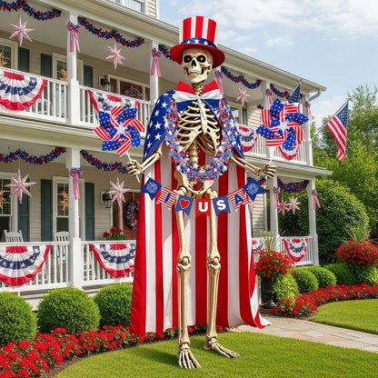 8 Pcs 4th of July 12 Ft Skeleton Costume Set Skeleton Clothes Accessories Independence Day Hat Tie Garland American Flag Cape Banner Pinwheels for 250th Anniversary Patriotic Garden Lawn Outdoor Decor