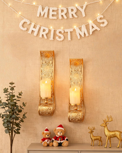 Capesaro Wall Candle Sconce Set of 2,Gold Metal Wall Mount Candle Holder，Spanish Baroque Hollow Carving Wall-Mounting Sconces for Living Room, Bathroom, Dining Areas,Hallways Decorations