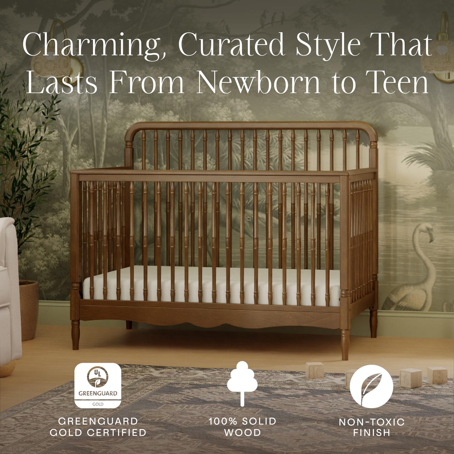 Namesake Liberty 4-in-1 Convertible Spindle Crib, Converts from Full-Size Crib to a Toddler Bed, Daybed, and Full-Size Bed, Easy to Assemble, Greenguard Gold Certified (Natural Walnut)