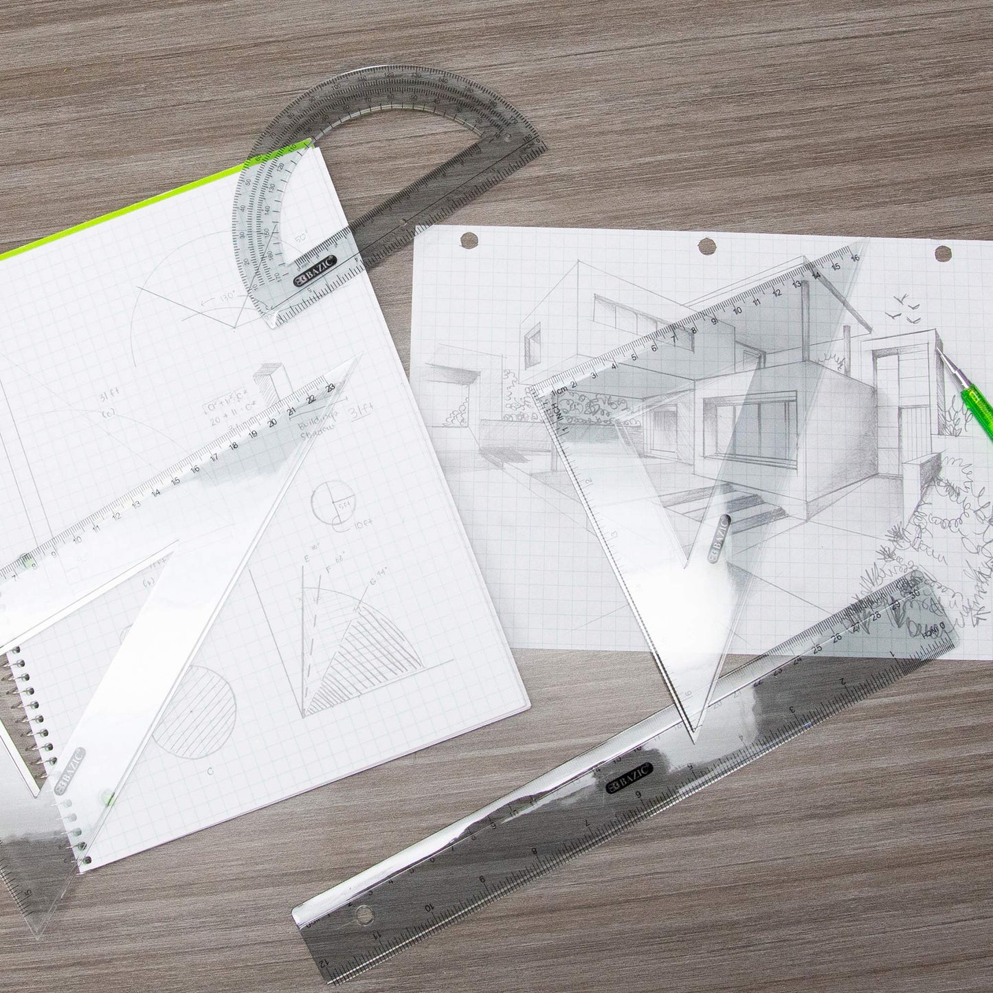 BAZIC Products 4-Piece Geometry Ruler Combination Sets, for School Math Office, 2 Pack