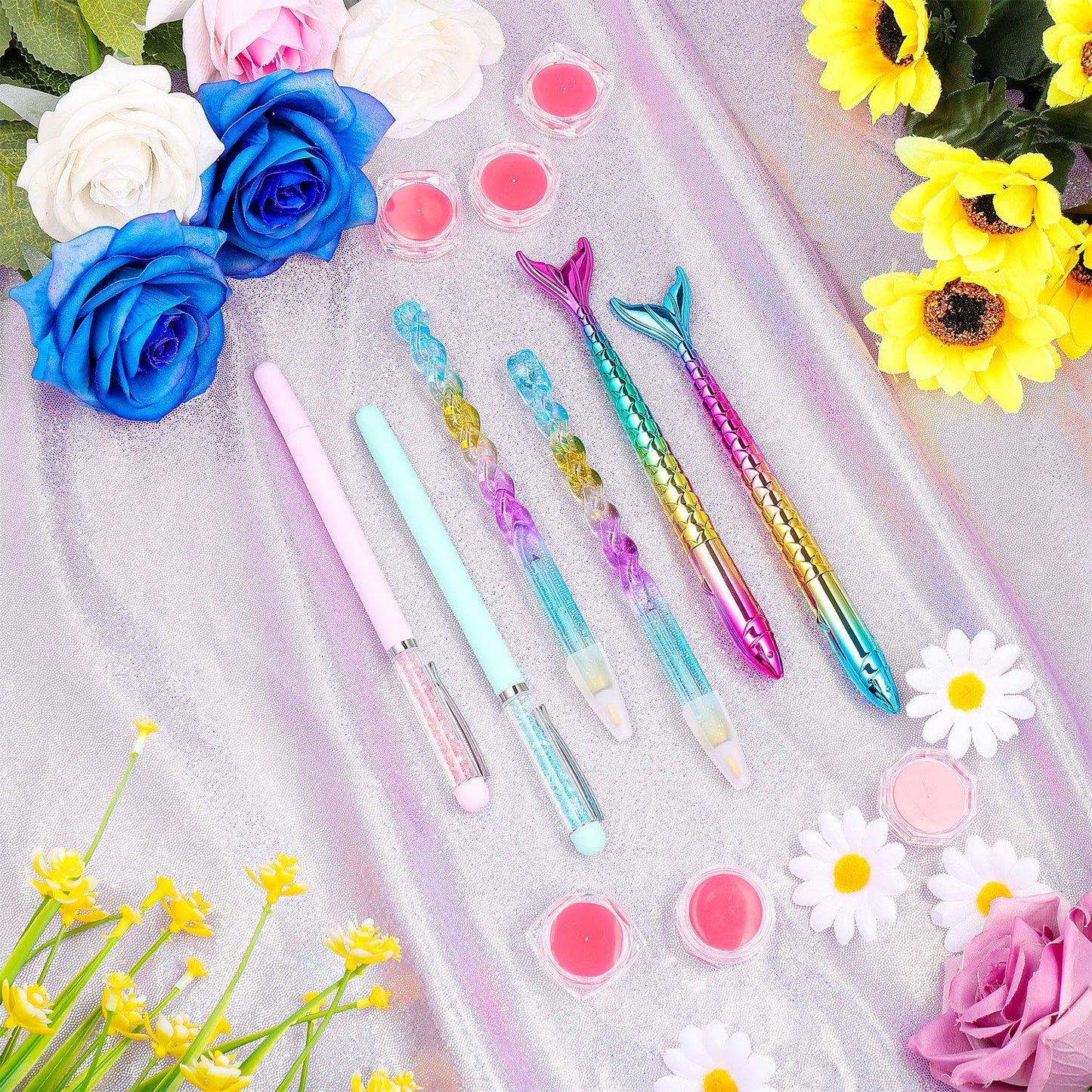 12 Piece Diamond Painting Tool, Include 6 Piece Mermaid Point Drill Pens Classic Point Drill Pen Spiral Diamond Painting Pen, 6 Piece Diamond Painting Wax Storage Case Full of Glue Clay (Pink)