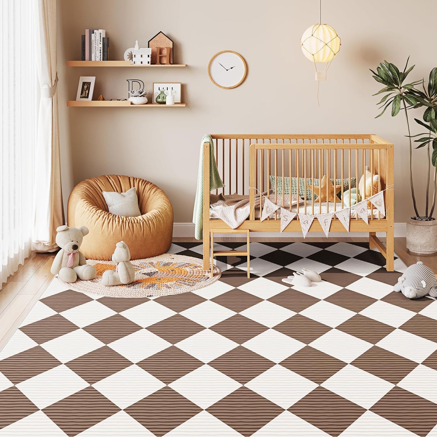 5x7 Washable Checkered Rugs for Bedroom, Brown and White Area Rug for Living Room, Geometric Faux Wool Carpet for Kids