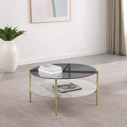 Coaster Home Furnishings - Jonelle - Round Coffee Table with Glass Top, White Marble Shelf and Gold Chrome Frame - Living Room - 33-Inch - Smoke - 710338