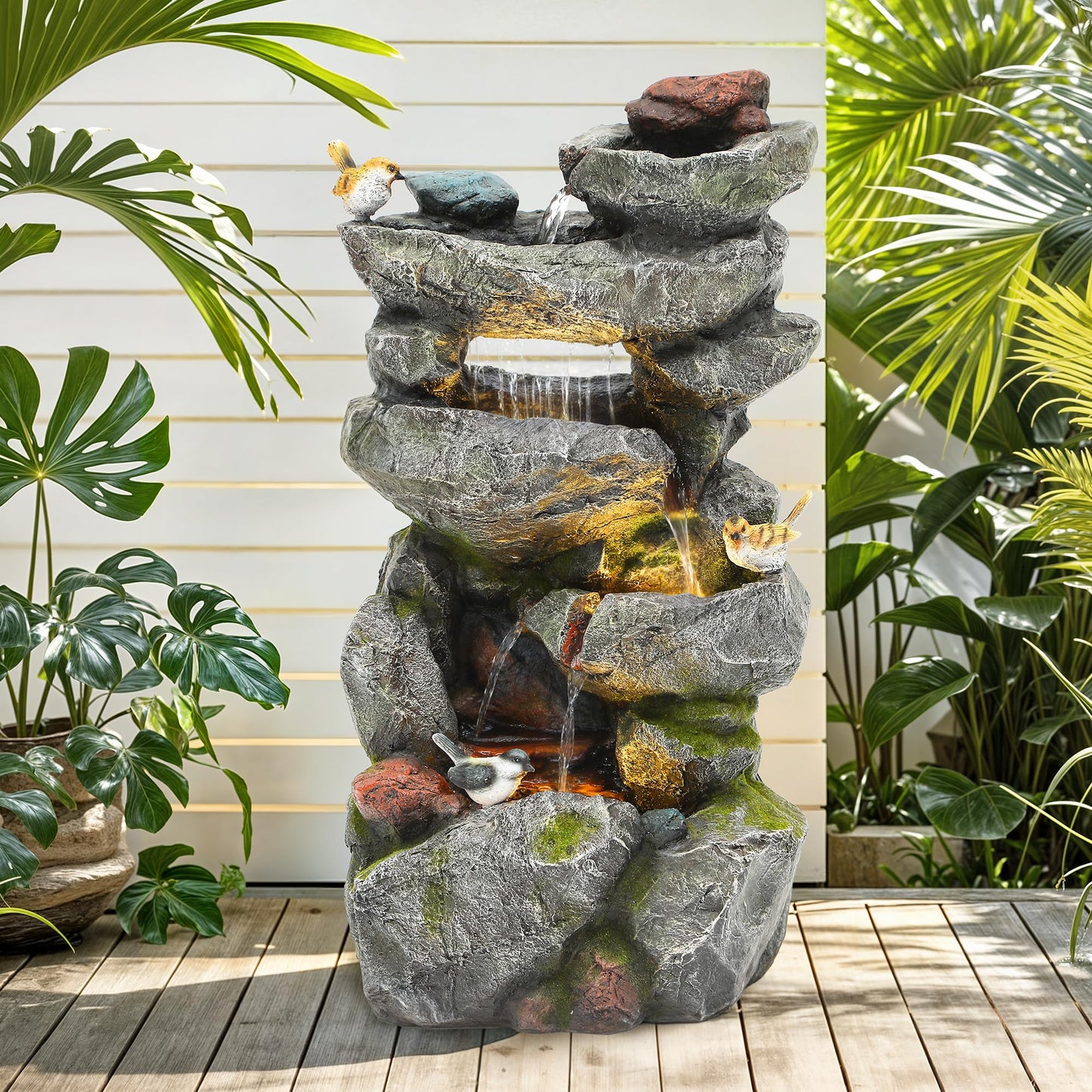 Ultym 31.5" Multi-Tier Rock Outdoor Water Fountain with LED Lights, Cascading Waterfall with Birds for Garden Patio Porch, Weather-Resistant Resin Water Feature for Tranquil Oasis