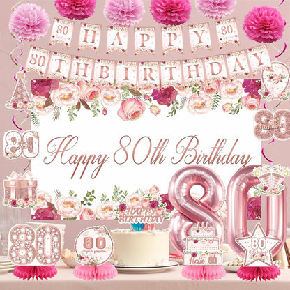 Vlipoeasn 80th Birthday Decorations - Rose Gold Backdrop Banner, Cake Topper & Honeycomb Swirls