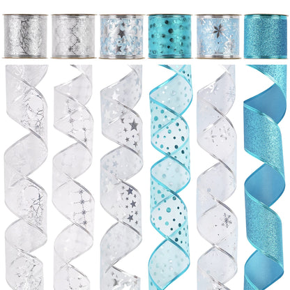 MEEDEE Turquoise Christmas Ribbon - 2.5 Inch, 6 Rolls, 36 Yards - Blue & Silver for Christmas Tree