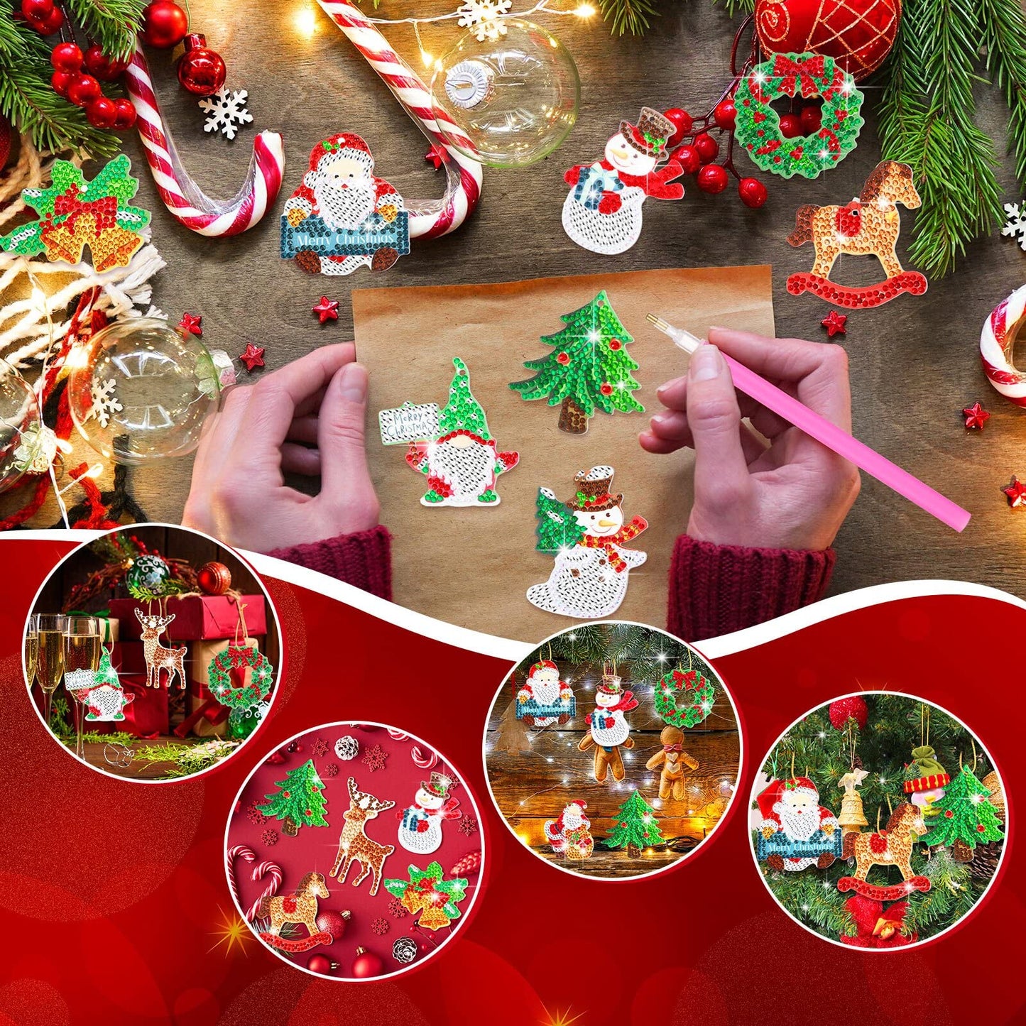 Jetec 20 Pcs Diamond Art Christmas Ornament 5D DIY Christmas Diamond Painting Keychain Kit Xmas Hanging Paint Kit Snowman Santa Art Rhinestone Pendant Key Ring for Adult Craft Decor Supply
