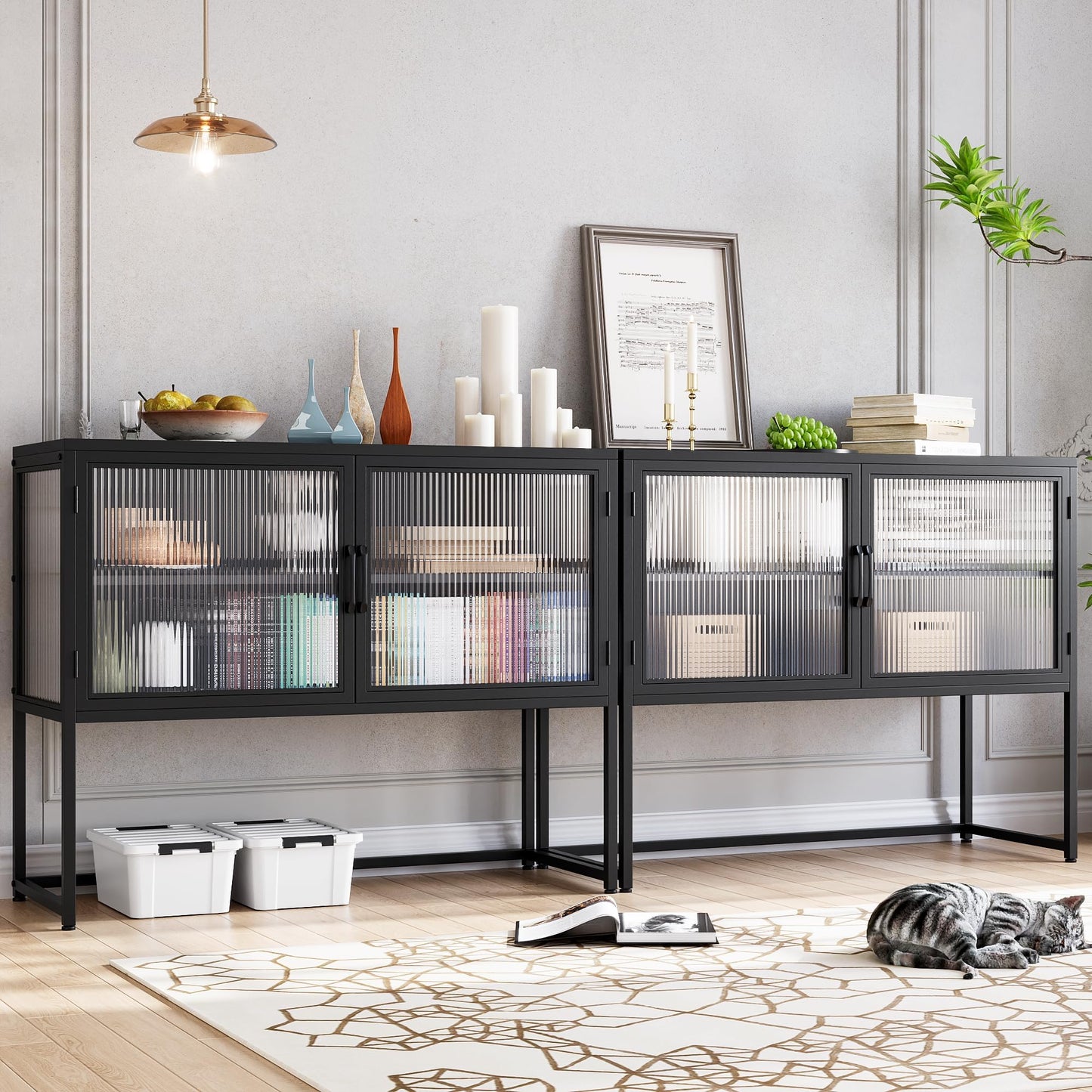 GAOMON Buffet Cabinet with Glass Doors, Sideboard with Adjustable Shelves, Freestanding Storage Cabinet for Kitchen, Living Room, Dining Room, Black