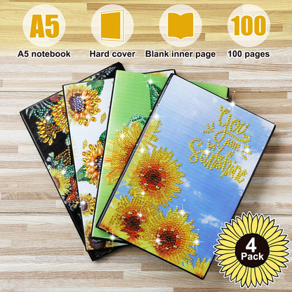 Ctosree 4 Pack Sunflower Diamond Painting Notebook, Spring Diamond Art Kits, DIY Diamond Journal,a5 Leather Arts and Crafts for Adults Diamond Sketchbook with Tools for Drawing