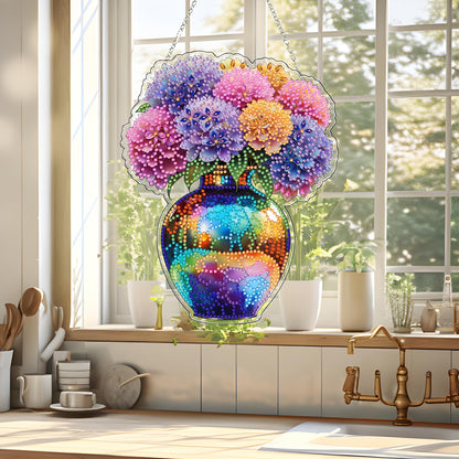 JJFox Diamond Art Hanging Kit for Adult,Special Shaped Rhinestone,DIY Acrylic Diamond Art Painting Window Pendants Home Garden Wall Hanging Kits Hanging Ornament,Double Sided (Vase)