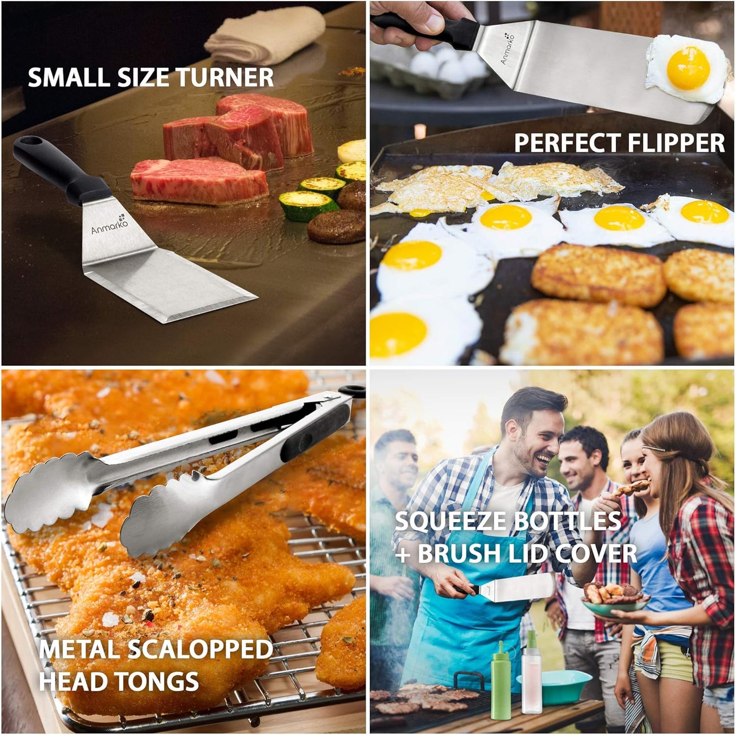 Metal Spatula Set of 4 - Griddle Accessories Kit for BBQ Grill, Flat Spatula, Pancake Flipper, Hamburger Turner -