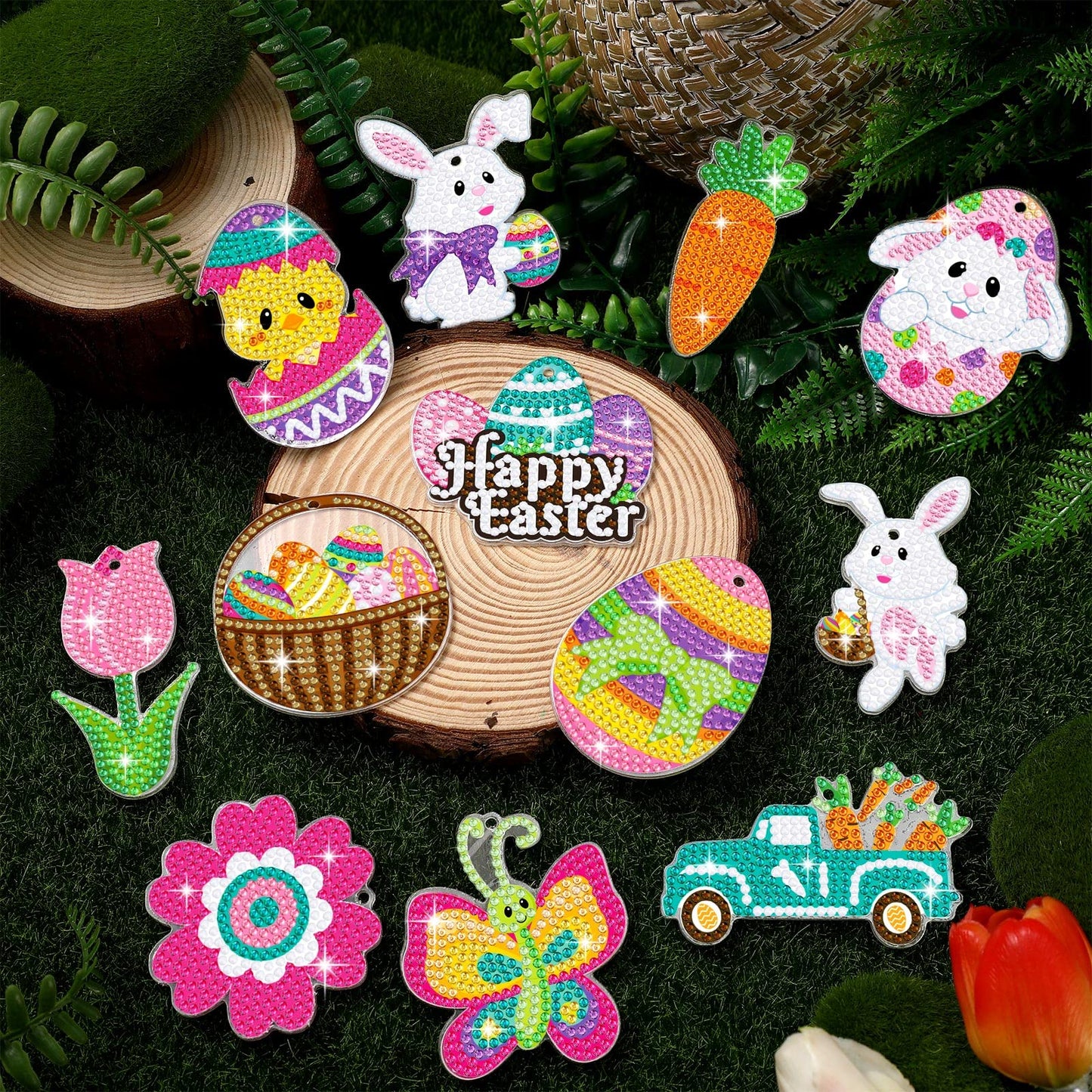 Ferraycle 12 Piece Easter Diamond Painting Kit 5d DIY Diamond Art Kits with Easter Egg Bunny Carrot Hanging Ornaments for Spring Crafts Family Decor