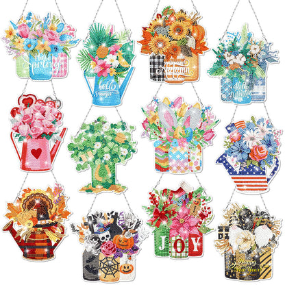 GlikCeil Flowers 12 Pcs Seasonal Diamond Art Hanging Ornaments 5d DIY Diamond Painting Wreath Kits for Wall Door Decor Holiday Year-Round Seasonal Signs for Home Decoration