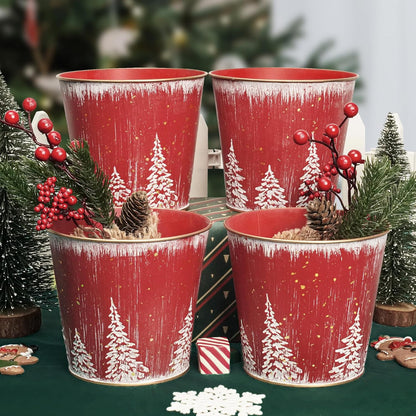 5.9in 4Pcs Putuo Decor Christmas Planters Pots, Small Metal Tin Buckets with Christmas Tree Pattern, Round Galvanized