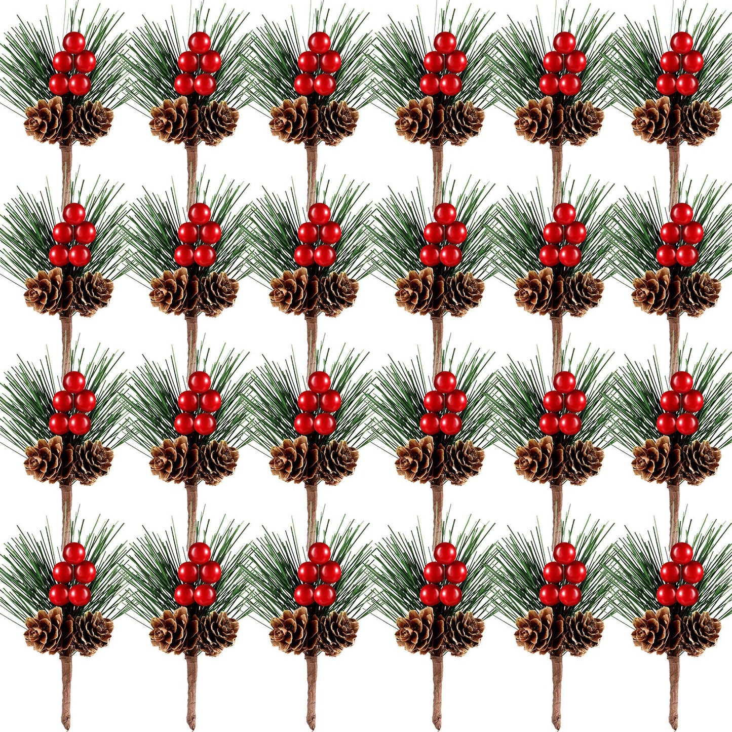 WILLBOND 24 Pieces Christmas Floral Picks, Artificial Pine Picks Christmas Pine Needles Branches with Berry Pinecones Fake Berries for Flower Arrangements Wreaths Xmas Tree Decoration(Red)