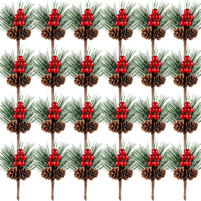 WILLBOND 24 Pieces Christmas Floral Picks, Artificial Pine Picks Christmas Pine Needles Branches with Berry Pinecones Fake Berries for Flower Arrangements Wreaths Xmas Tree Decoration(Red)