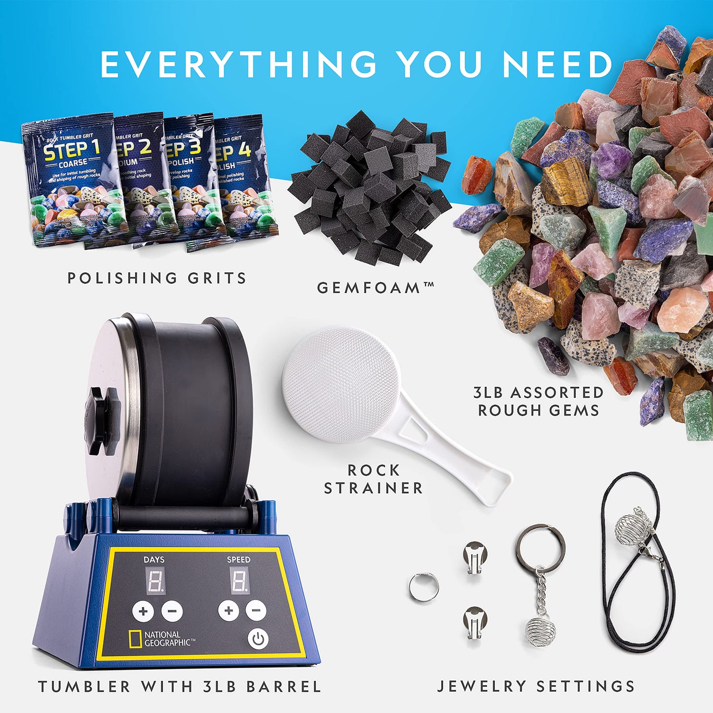 National Geographic Rock Tumbler Kit - 3 Lb. Extra Large Capacity Barrel with 3-Speed Motor & 9-Day Timer, Kit Includes Rocks for Tumbling and Rock Polisher Grit, Rock Tumbler for Adults and Kids